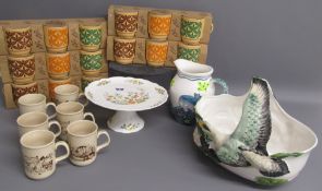 Aynsley Cottage Garden cake plate, collection of Kiln craft mugs, flying duck handled bowl and whale