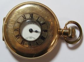 Waltham half hunter pocket watch, with masonic design to face, 9ct rolled gold case