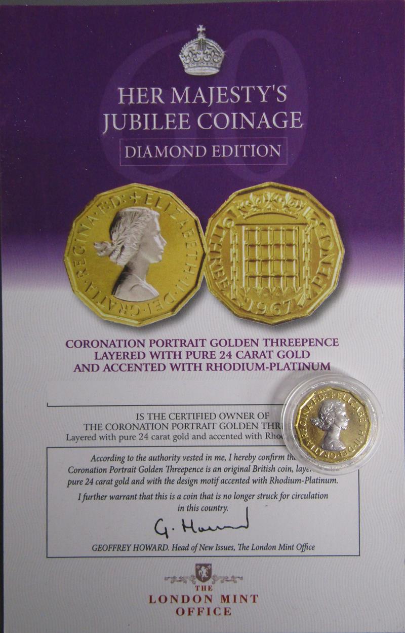 Collection of coins includes Coronation Portrait Half Penny, Three Pence layered in 24kt gold, Royal - Image 6 of 15