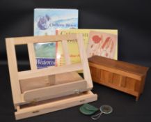 Artists portable easel box, 2 brand new watercolour pads, small oak box containing stationery &
