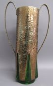 Art Deco twin handled silver plated vase (worn) with planished decoration & fixed green glass