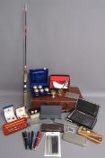 Mixed collection of items includes 2 piece fishing rod, cufflinks (not original boxes), pens