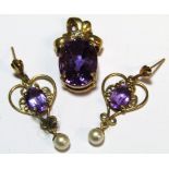 9ct gold pendant with amethyst and diamonds along with amethyst and pearl earrings in yellow