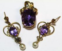 9ct gold pendant with amethyst and diamonds along with amethyst and pearl earrings in yellow