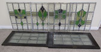4 stained glass window panels - approx. 58.5cm x 46.5cm and 2 lead panelled doors (glass loose)