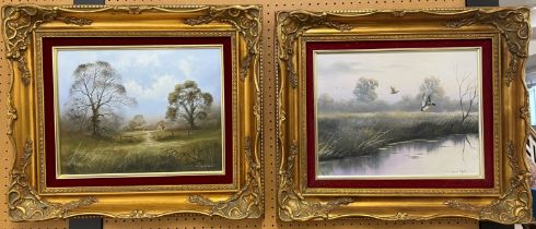 Pair of David Waller framed oils on canvas landscapes one of ducks landing on a pond & the other
