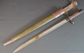 World War One era United States bayonet with green leather scabbard & leather frog with metal clip