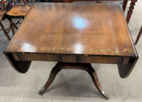 Large reproduction Regency sofa table on a pedestal with brass inlay (some lifting) 168cm by 77cm Ht