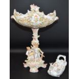 Sitzendorf figural comport / fruit stand, the basket decorated with applied & painted floral