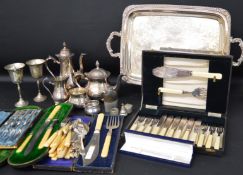 Pair of silver fish servers Sheffield 1896 (imitation ivory handles) & selection of silver plate