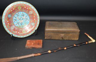 Cloisonné plate with prunus tree decoration (20.5cm dia.), Victorian leather covered jewellery