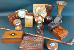 Selection of treen including carved jewellery boxes, ball on stand & Metamec clock