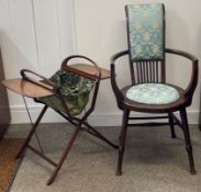 Edwardian sewing basket on stand & a high back chair