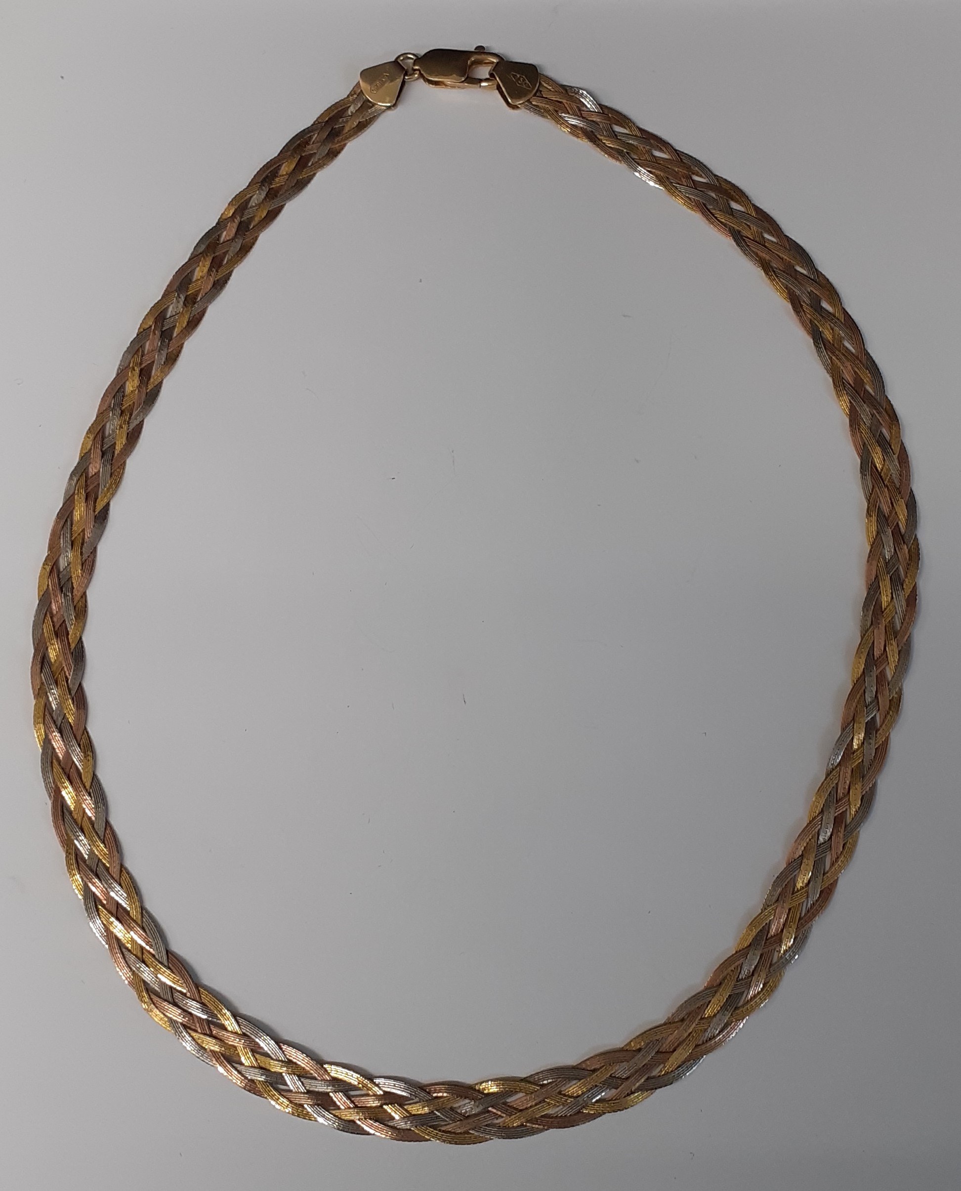 Plaited three colour gold necklace marked 750, 17.4g - Image 2 of 3