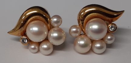 Pair of 9ct gold, pearl & diamond earrings 3.3g