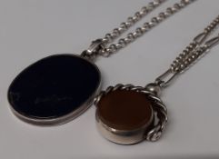 Silver belcher chain & silver mounted onyx pendant & silver figaro chain with silver mounted blood