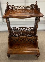 Victorian Canterbury whatnot with top gallery shelf in burr walnut veneer on turned legs with