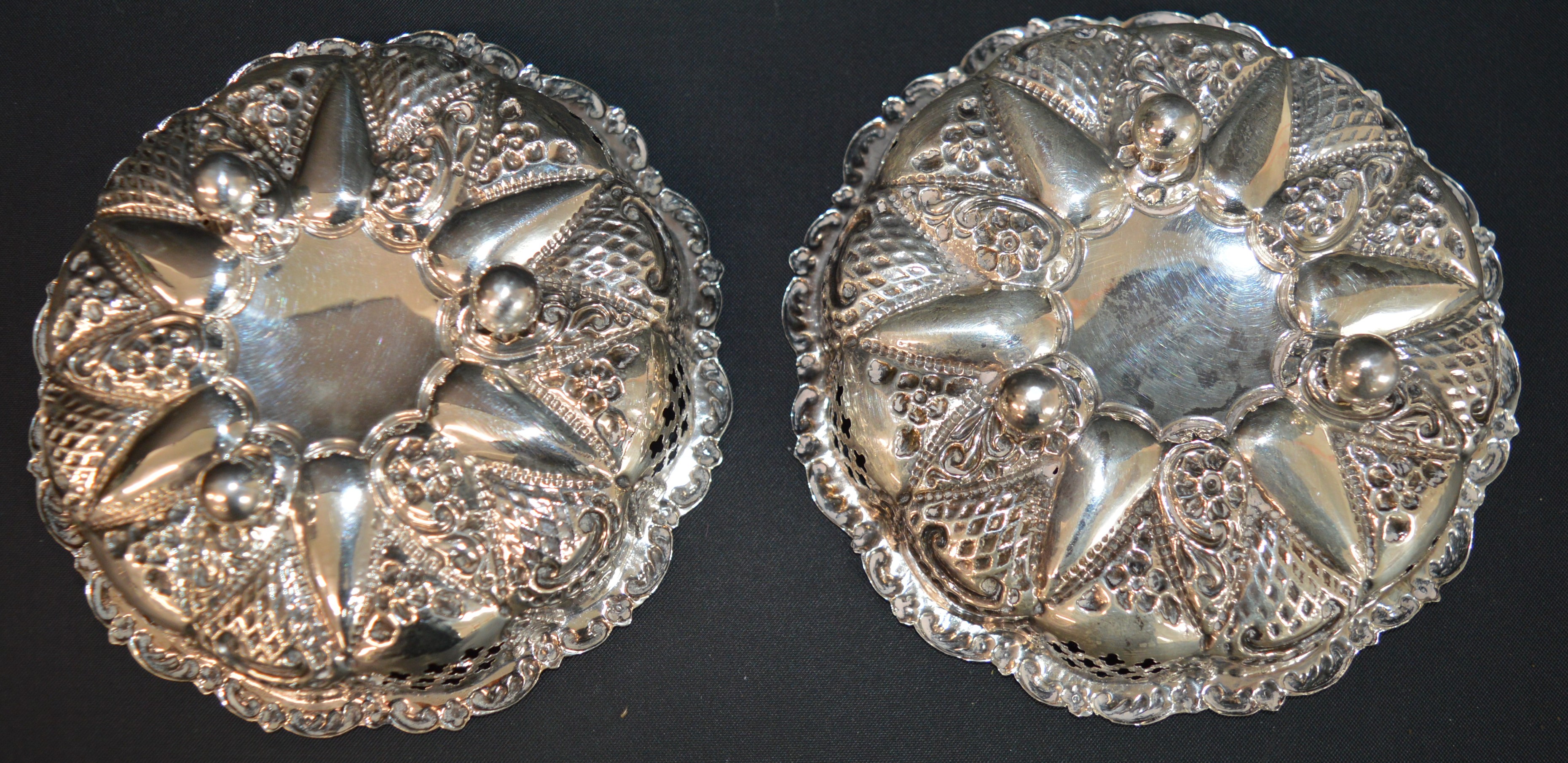 Pair of Victorian pierced silver dishes with embossed decoration (possibly Miller Bros), - Image 3 of 3