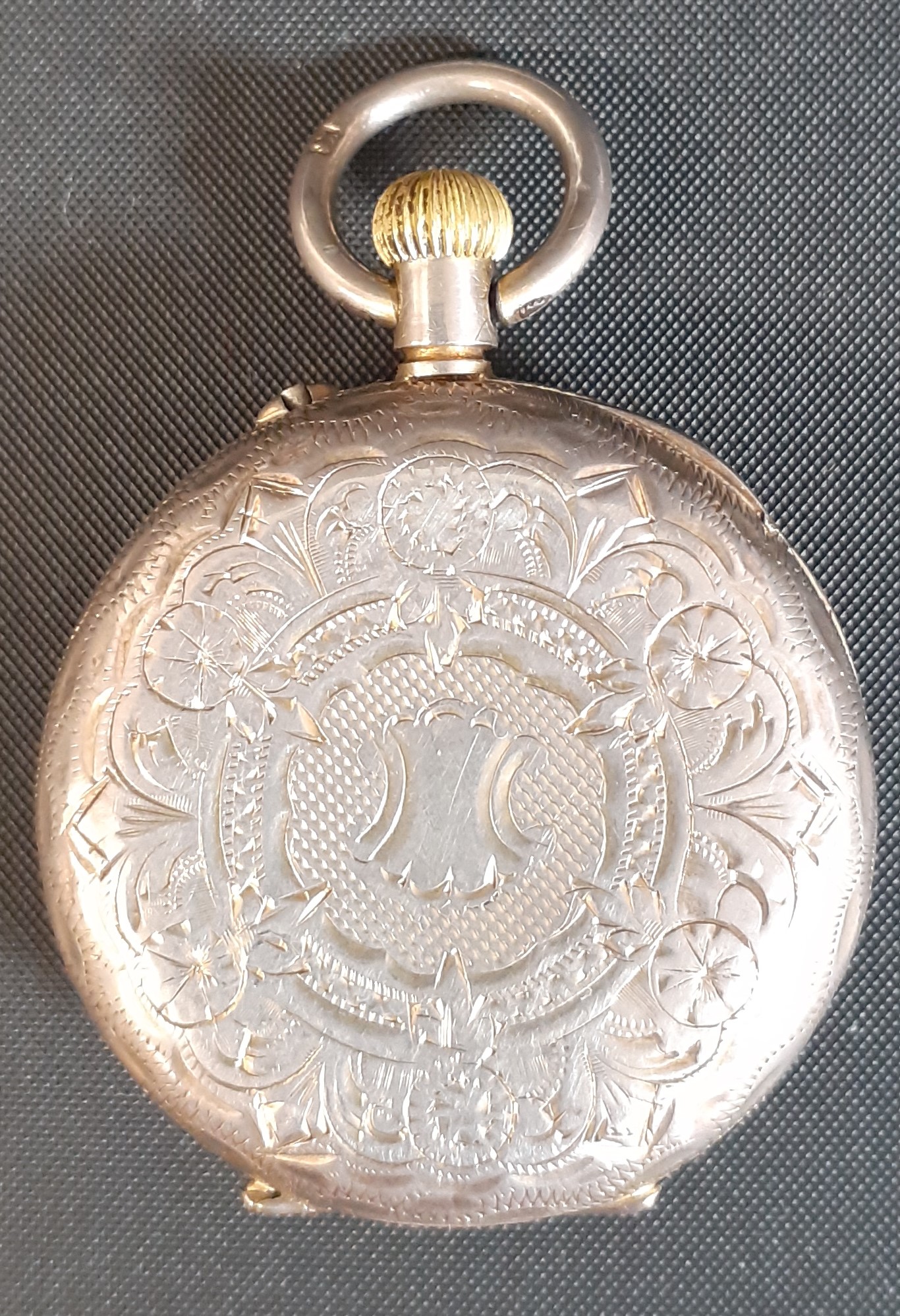 Continental silver gilt top wind fob watch marked 935 with engine turned case, heart shaped - Image 2 of 3