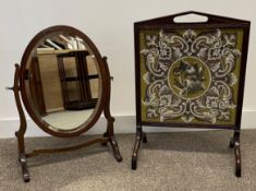 Small fire screen with Berlin beadwork panel & an oval toilet mirror