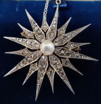 Tested as possibly 15ct gold, diamond & pearl star brooch, with bale (soldered into upright