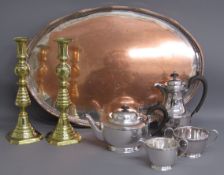 Harrison Brothers silver plate tea set, large silver on copper tray and pair of brass candlesticks