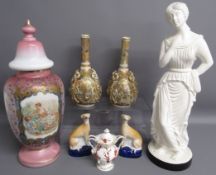 Opaque glass vase & cover with hand painted decoration, pair of Japanese Satsuma bottle vases with