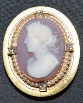 Tested as 9ct gold cameo brooch set with seed pearls & four diamonds (total 0.20ct) with keepsake