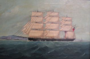 Oil on canvas depicting clipper ship under the Red Ensign flag at sea - marked on rear J Taylor A