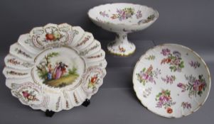 Pair of 19th century comports with hand painted floral decoration, bearing under-glazed blue crossed