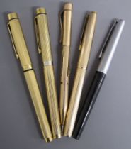 Pelican 20 Silvexa, 2 x Sheaffer gold plated and an Asprey London rolled gold fountain pens also