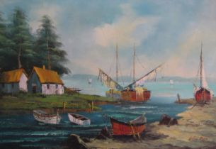 Oil on canvas depicting lake scene with moored boats, signed Acheu Berg, possibly Mexican -