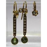 9ct gold seed pearl and peridot drop earrings - converted tops (one original missing)