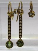 9ct gold seed pearl and peridot drop earrings - converted tops (one original missing)
