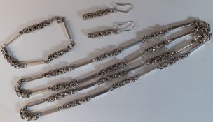 Silver fancy link necklace, matching bracelet & pair of drop earrings 2.10ozt