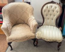Victorian spoon back nursing chair with deep carving & scroll legs & an Edwardian armchair