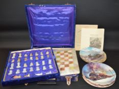 Onyx chess set & set of 8 Davenport collectors plates "Great Steam Trains" (second issue) with