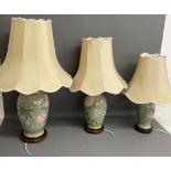 3 Oriental graduated ceramic table lamps with shades