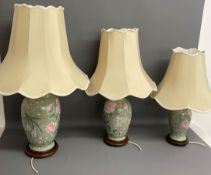 3 Oriental graduated ceramic table lamps with shades