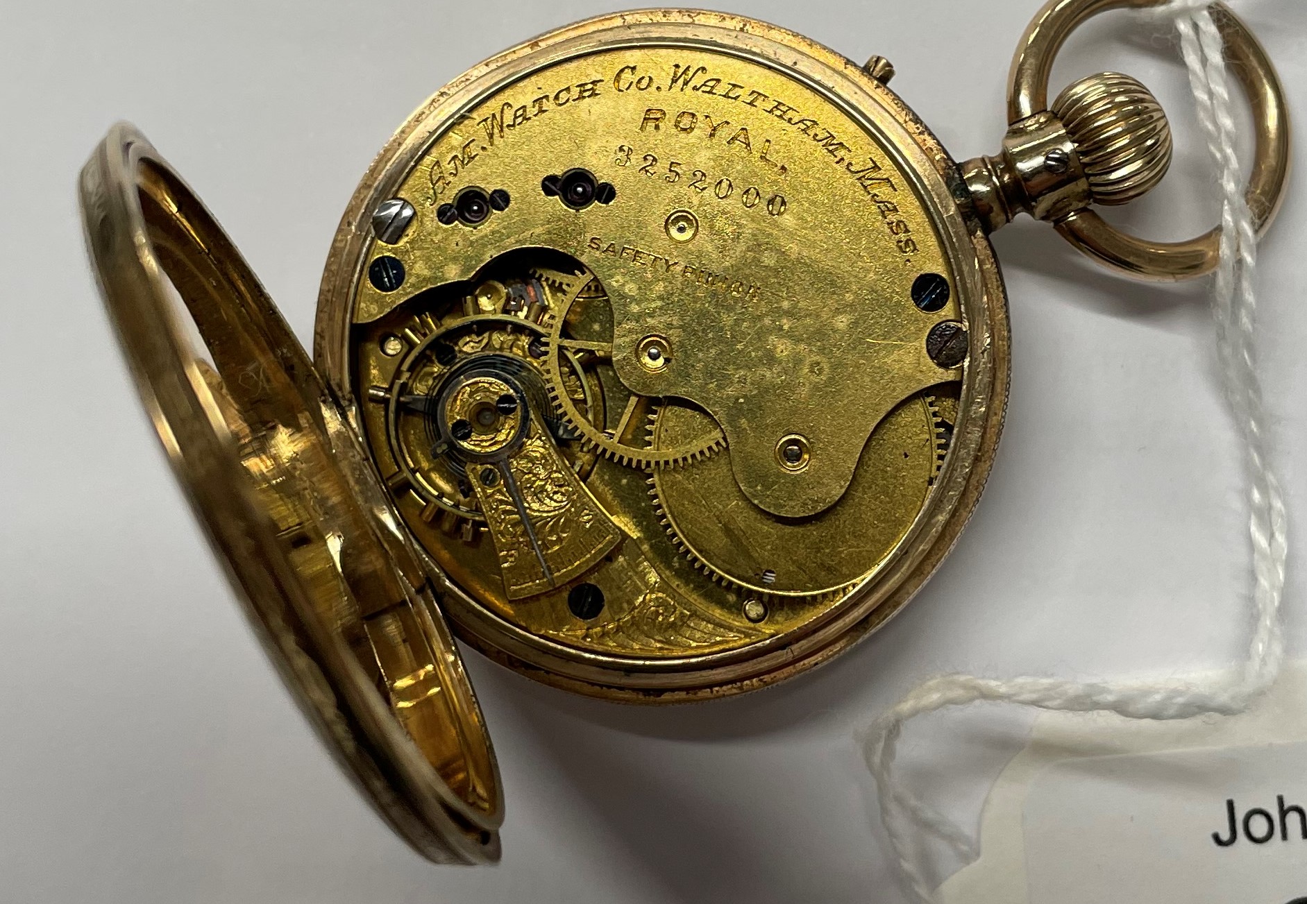 Waltham Royal gold keyless wind open face fob watch, marked 10c, serial no. 3252000, 11 jewels, with - Image 5 of 7