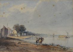Small framed watercolour "Mortlake" by E W Cooke RA 1811-1880 (inscribed on back according to