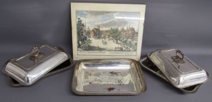 L.A Delfencbach print and 2 silver plate entree dishes & covers