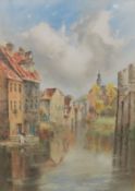 Framed watercolour Bruges Canal Scene by L Burleigh Bruhl ARCA, RBA (1861-1942) - measurable image