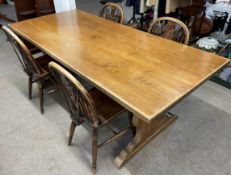 Hand made refectory table in elm L194cm W 89cm Ht 75cm with 4 wheel back chairs