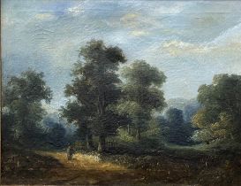 19th century oil on canvas landscape with woman on a country lane in an ornate gilt frame. Frame