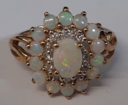 Opal & diamond (check) cluster ring marked 375, size K / L, 2.8g
