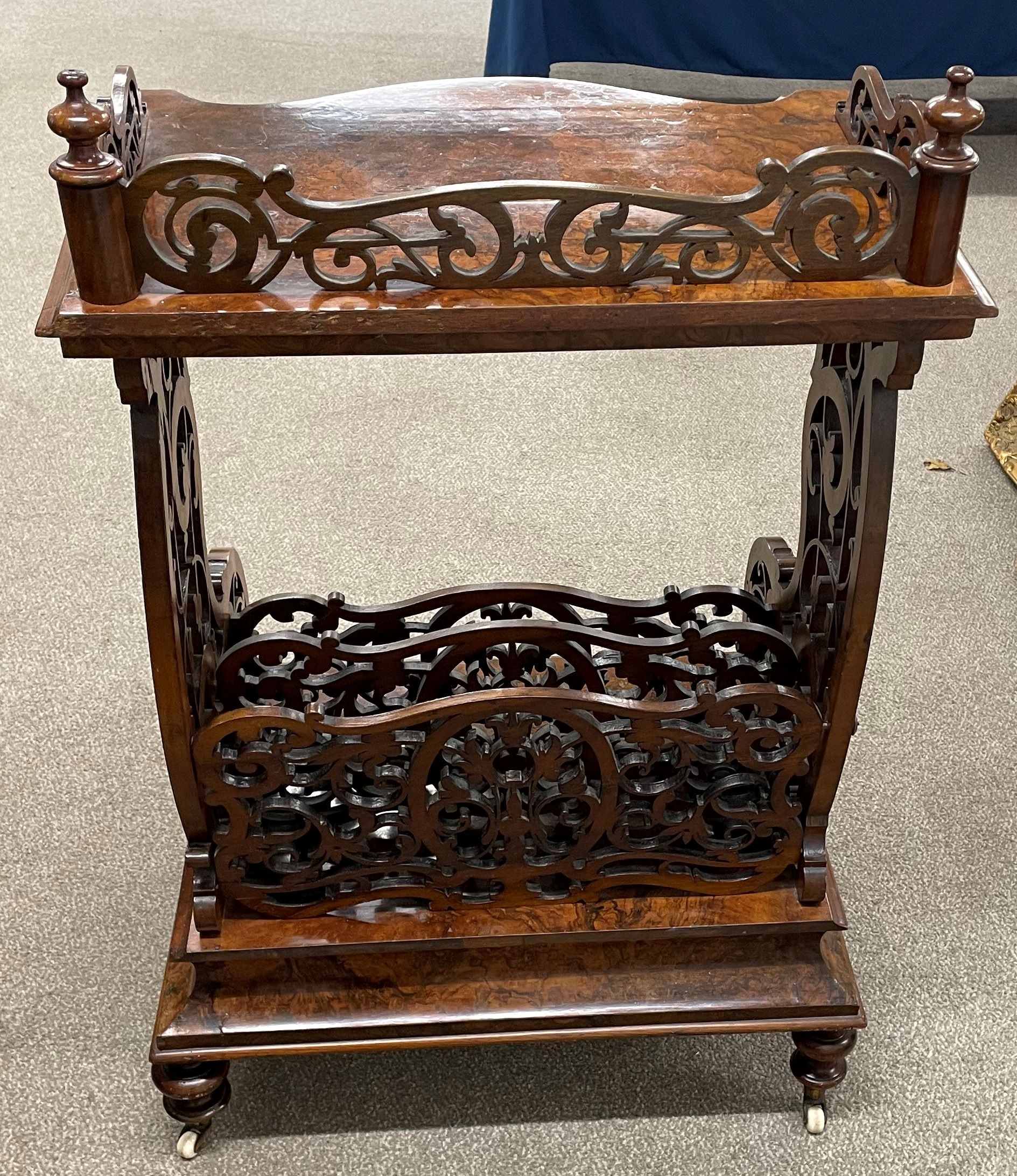 Victorian Canterbury whatnot with top gallery shelf in burr walnut veneer on turned legs with - Image 2 of 6