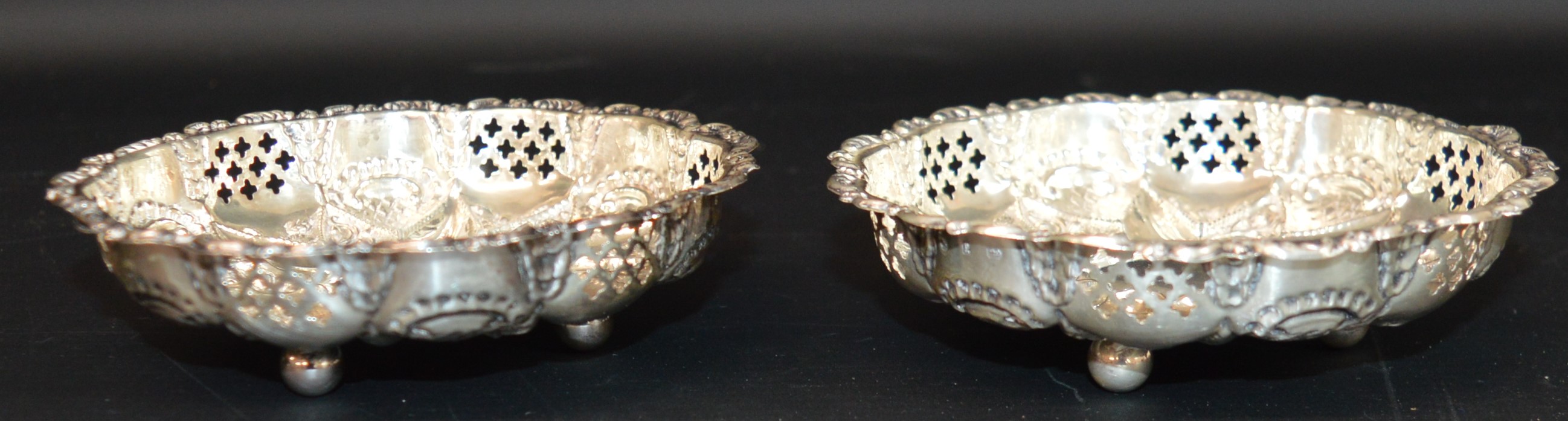 Pair of Victorian pierced silver dishes with embossed decoration (possibly Miller Bros), - Image 2 of 3
