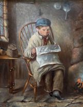 Small oil on board of a boy reading a newspaper by G D Hiscox. Frame size 44cm by 37cm
