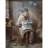 Small oil on board of a boy reading a newspaper by G D Hiscox. Frame size 44cm by 37cm